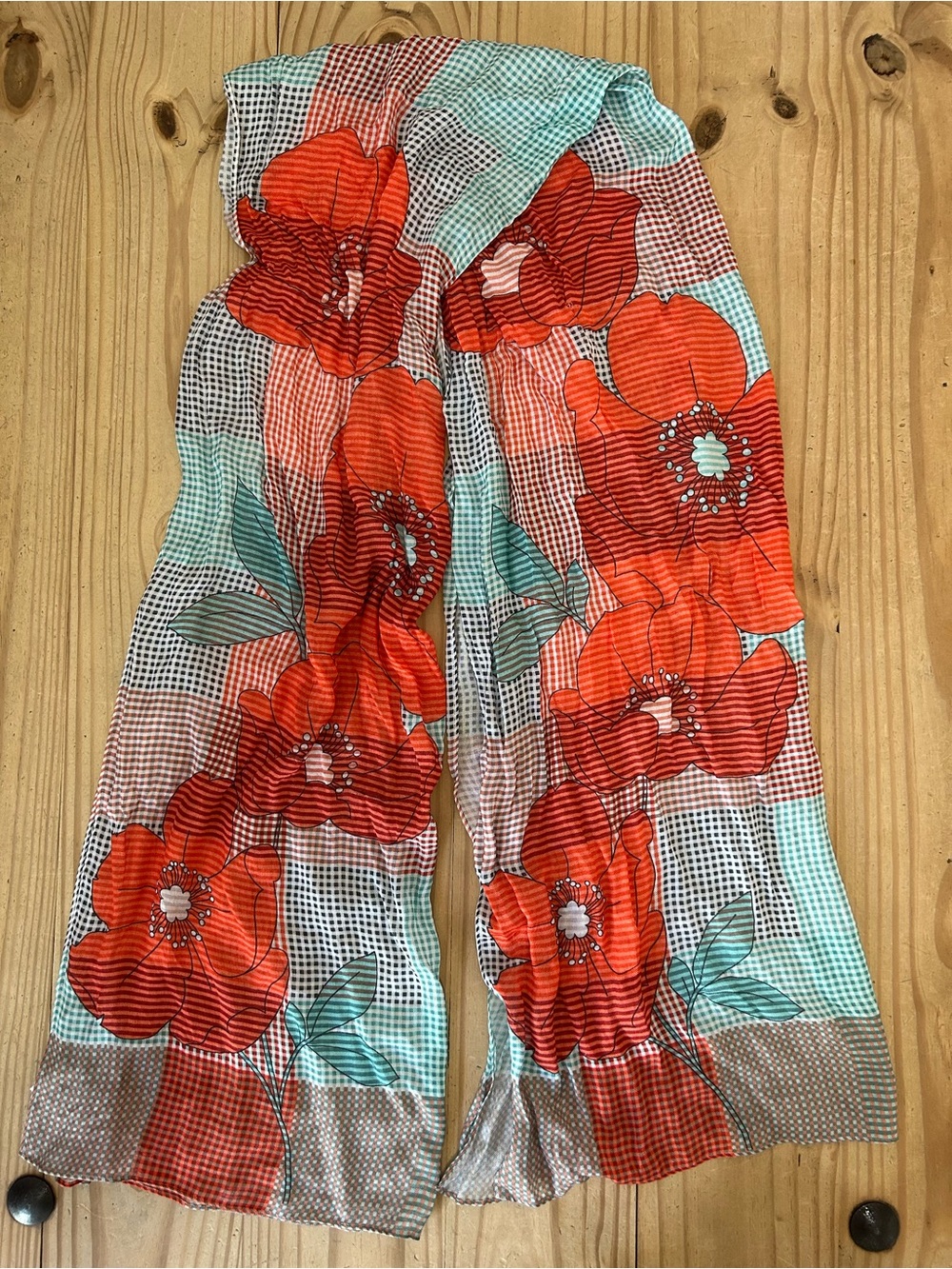 CAbi Floral Red & Aqua Lightweight Scarf Wrap